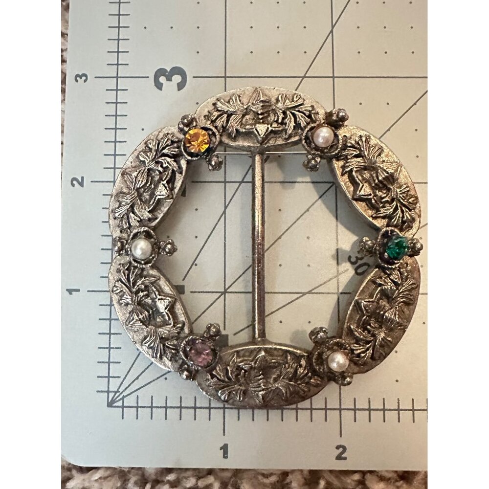 Vintage Scottish thistle silver tone rhinestones faux pearls buckle brooch pin - Picture 6 of 6